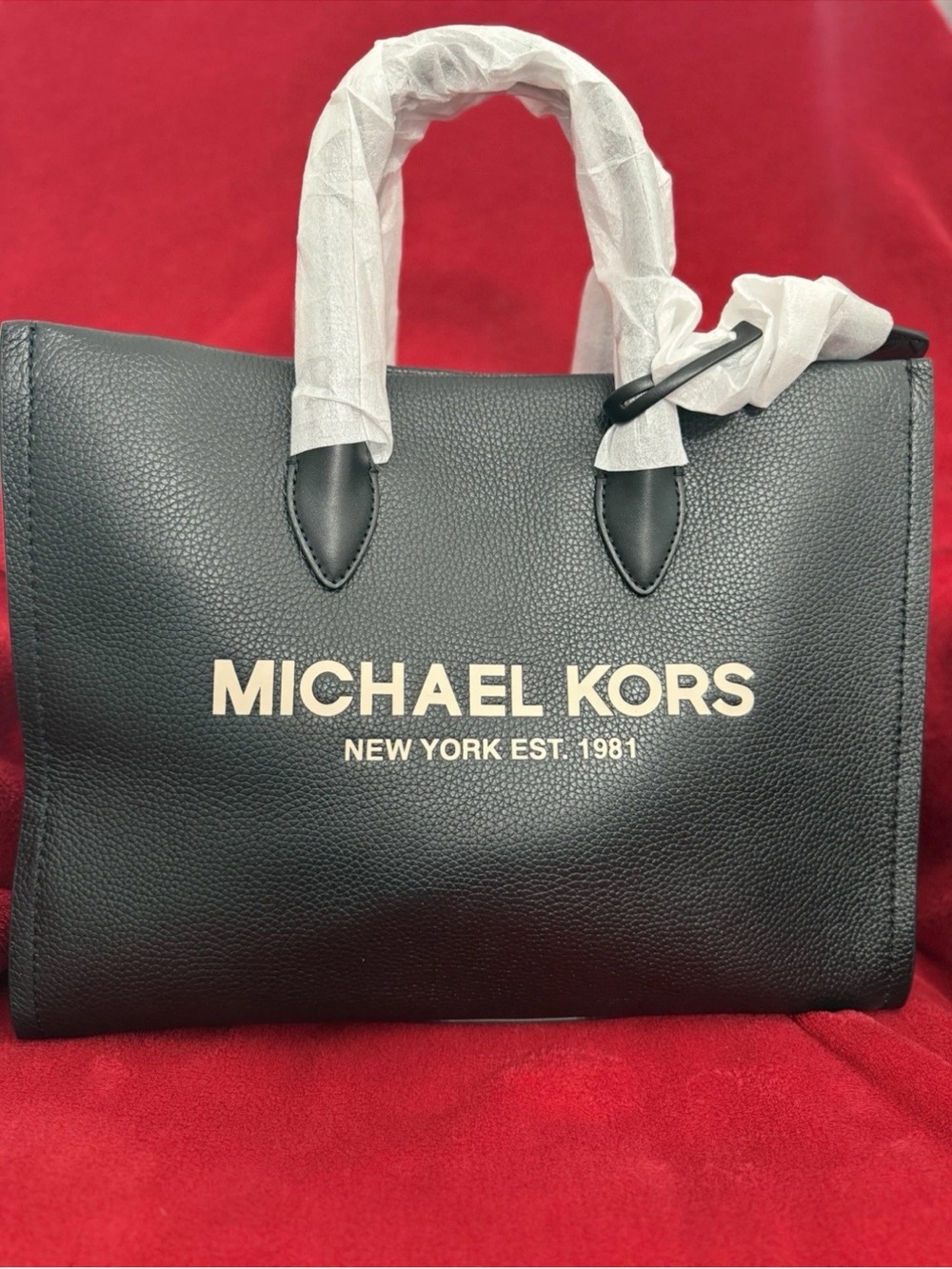 Michael Kors Black Leather Logo Tote with Gold Lettering